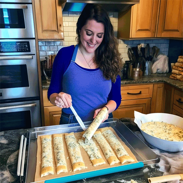 woman cooking Keto Cheesy Garlic Breadsticks